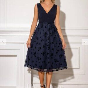 JJ's House Jacquard V-Neck A-line Cotton Blends Tulle Midi Dress